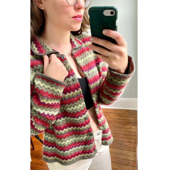 Vintage 90s Y2K Striped Cardigan Lambs Wool Button Up Cottagecore Sweater L - Picture 4 of 6